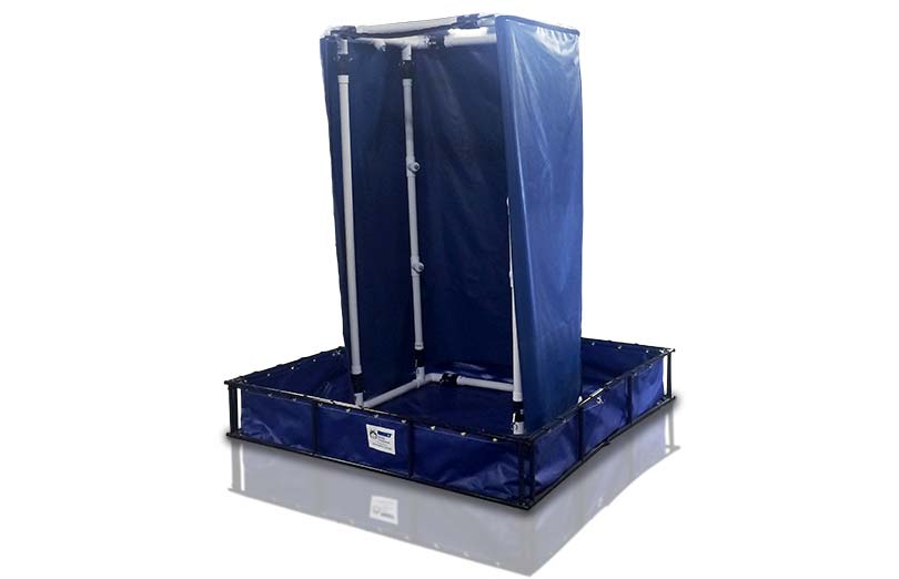 A full Decontamination Shower System set up, complete with the optional shower curtain.