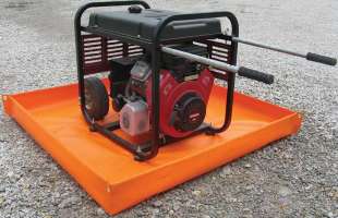 A Husky spill containment tray holding a generator